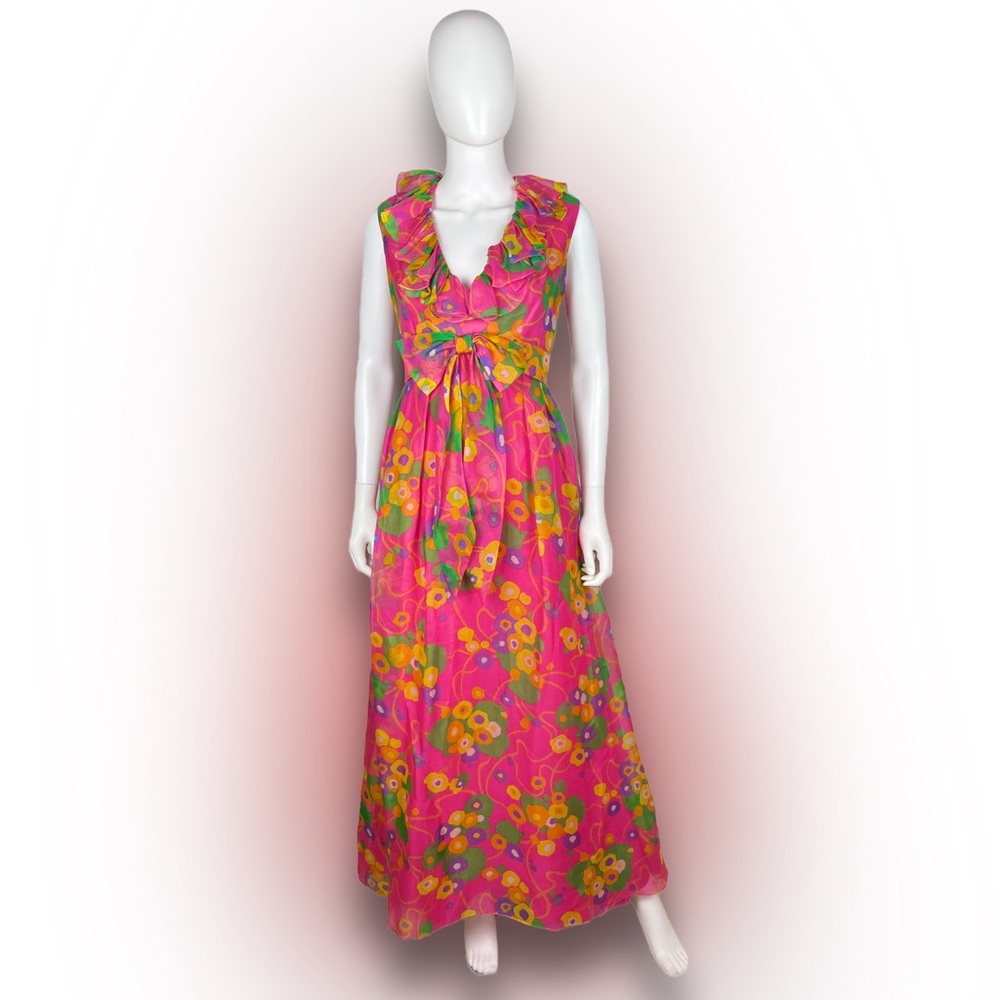 Mollie Parnis Vibrant Pink Floral Maxi Dress